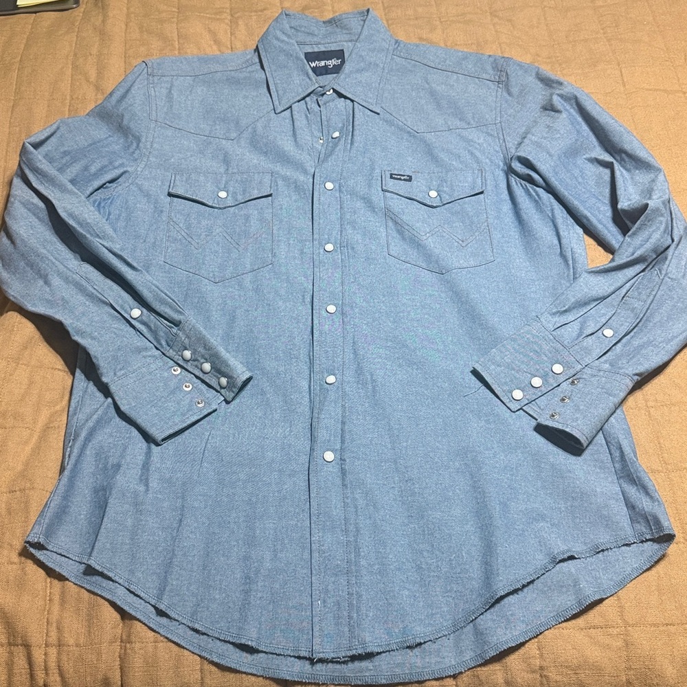 Men L Wrangler Cowboy Cut Pearl Snap Long Sleeve Denim Shirt